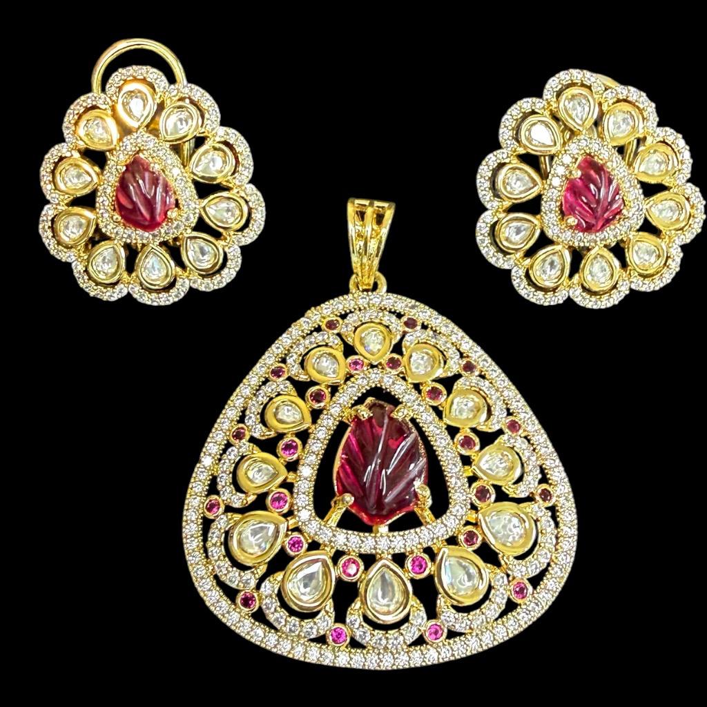 Sultana Carved Ruby & Polki Teardrop Pendant Set