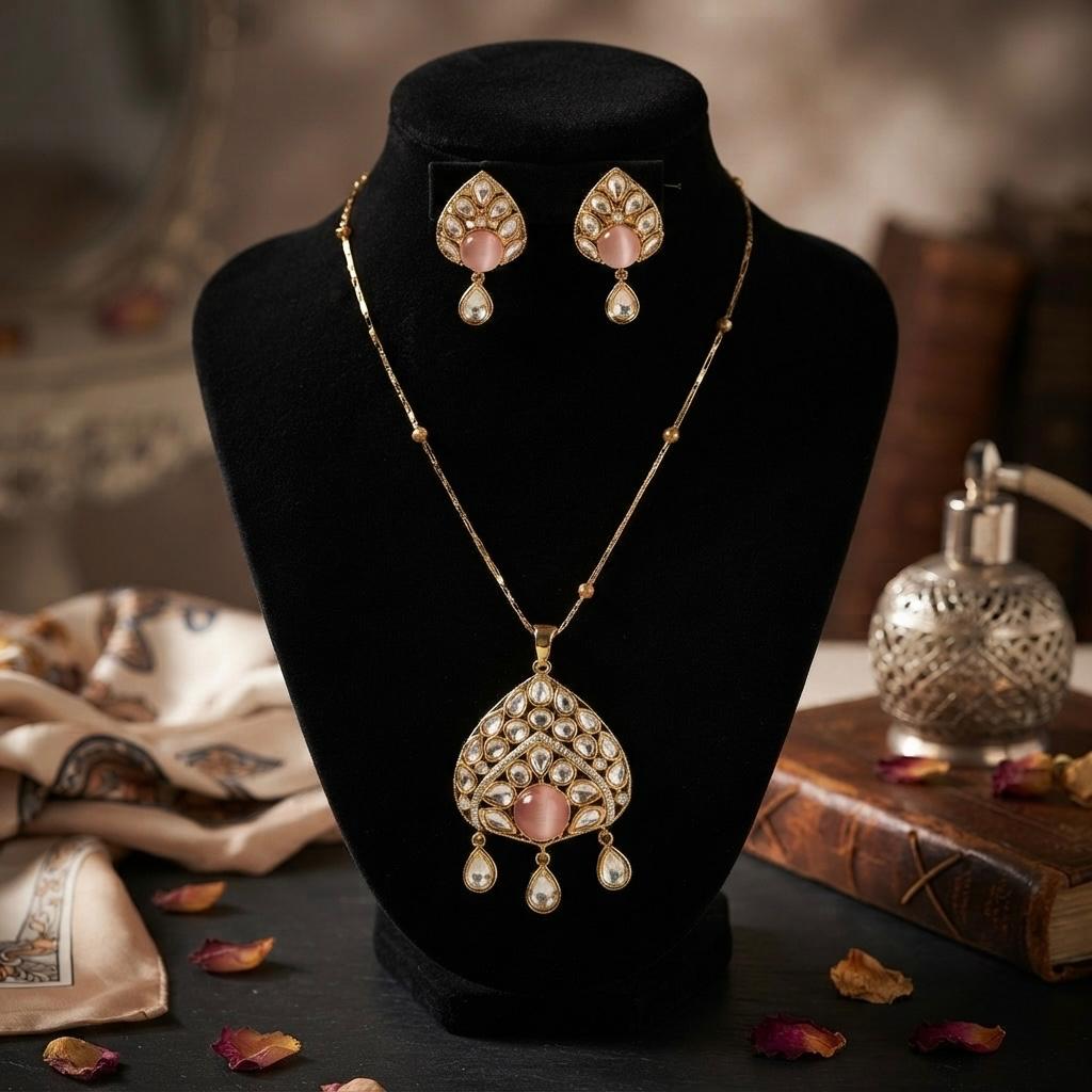 Regal Peach Polki Pendant Set