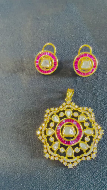 Regal Ruby & Polki Floral Statement Pendant Set