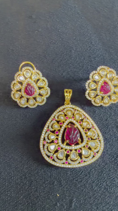 Sultana Carved Ruby & Polki Teardrop Pendant Set